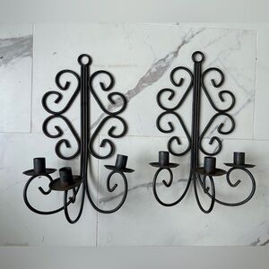 2 Vintage Wrought Iron Three Arm Candelabra Candle Wall Sconces